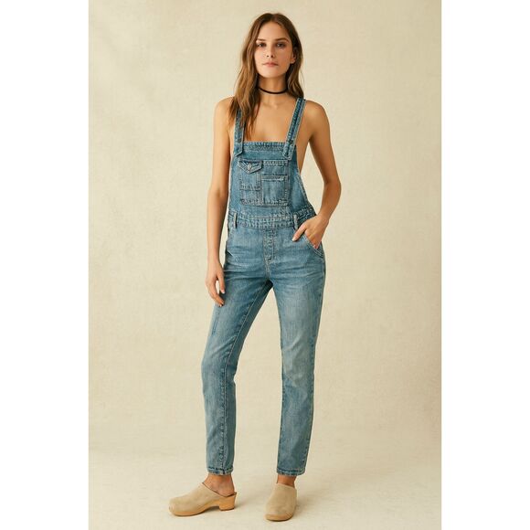 Free People Blue Denim Jeans Overalls Coveralls Dunagrees Jumpsuit Women's Sz 24 - Picture 1 of 10